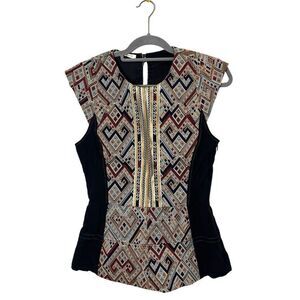 Burning Torch Top Women’s M Peplum‎ Full Embroidered Geometric Structured Blouse